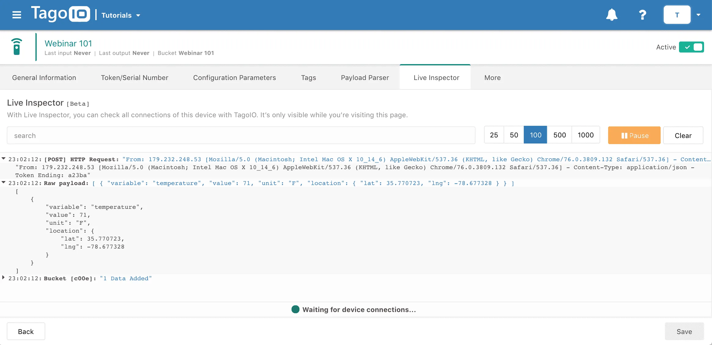 Live inspector developer dashboard TagoIO