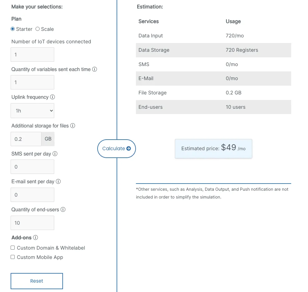 TagoIO IoT application cost calculator