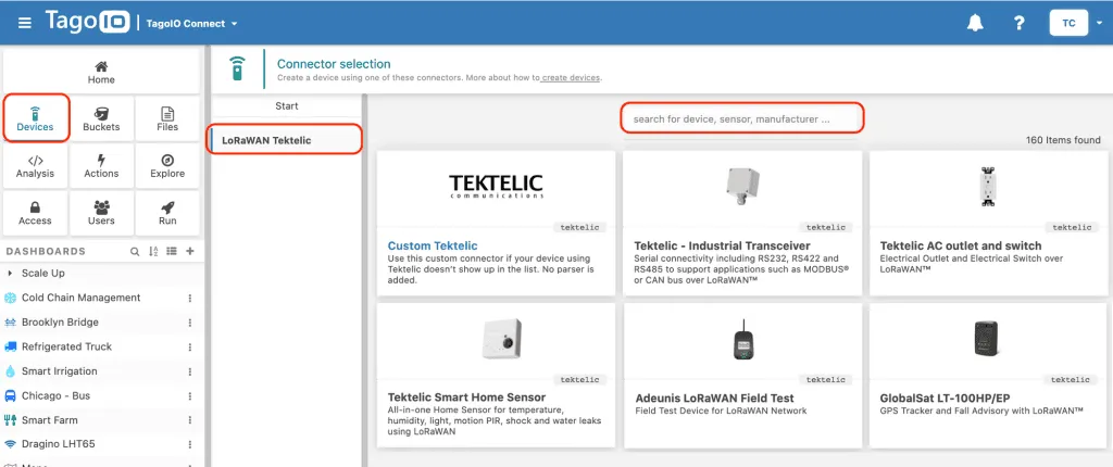 TagoIO connector selection Tektelic