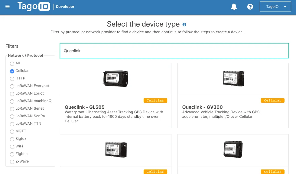 Quecklink GPS integration TagoIO Platform device selection