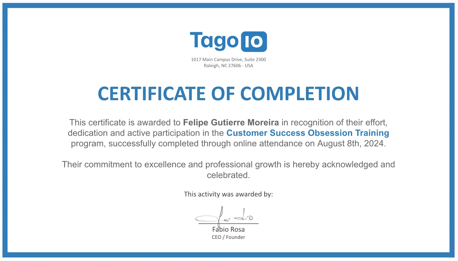 Certification of completion