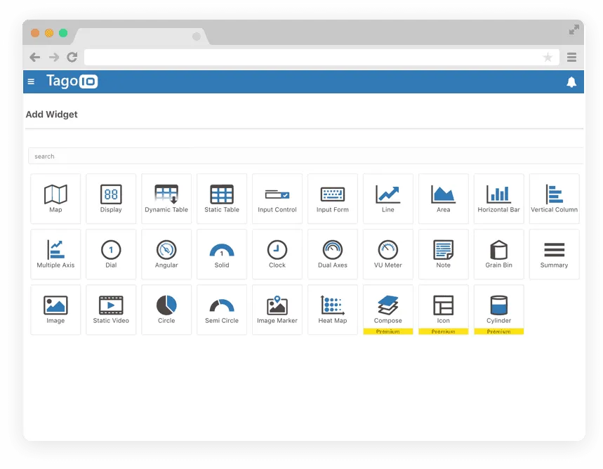 Widget selection and configuration screen dashboard TagoIO