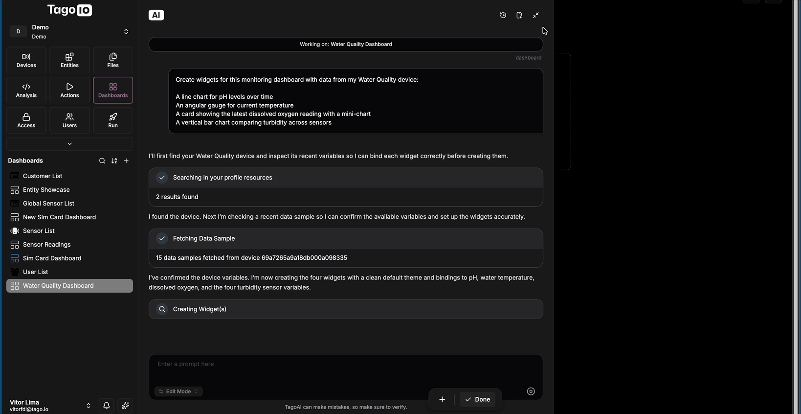 TagoAI creating dashboard widgets from a natural language prompt