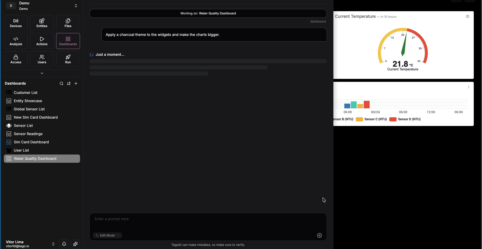 TagoAI editing dashboard theme and layout from a text command