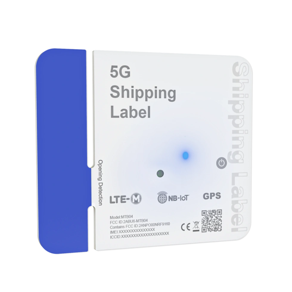 The Minew MTB04 5G shipping label, an adhesive tracker with LTE-M, NB-IoT, and GPS radios and an opening-detection tab