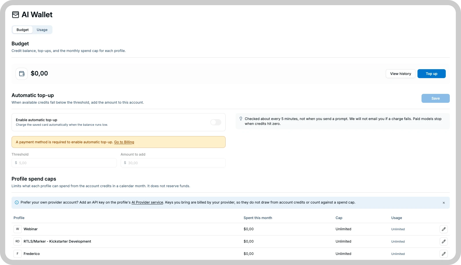 The Budget tab of the AI Wallet in the TagoIO Admin: the credit balance with View history and Top up, the automatic top-up threshold and amount, and a monthly spend cap for each profile.