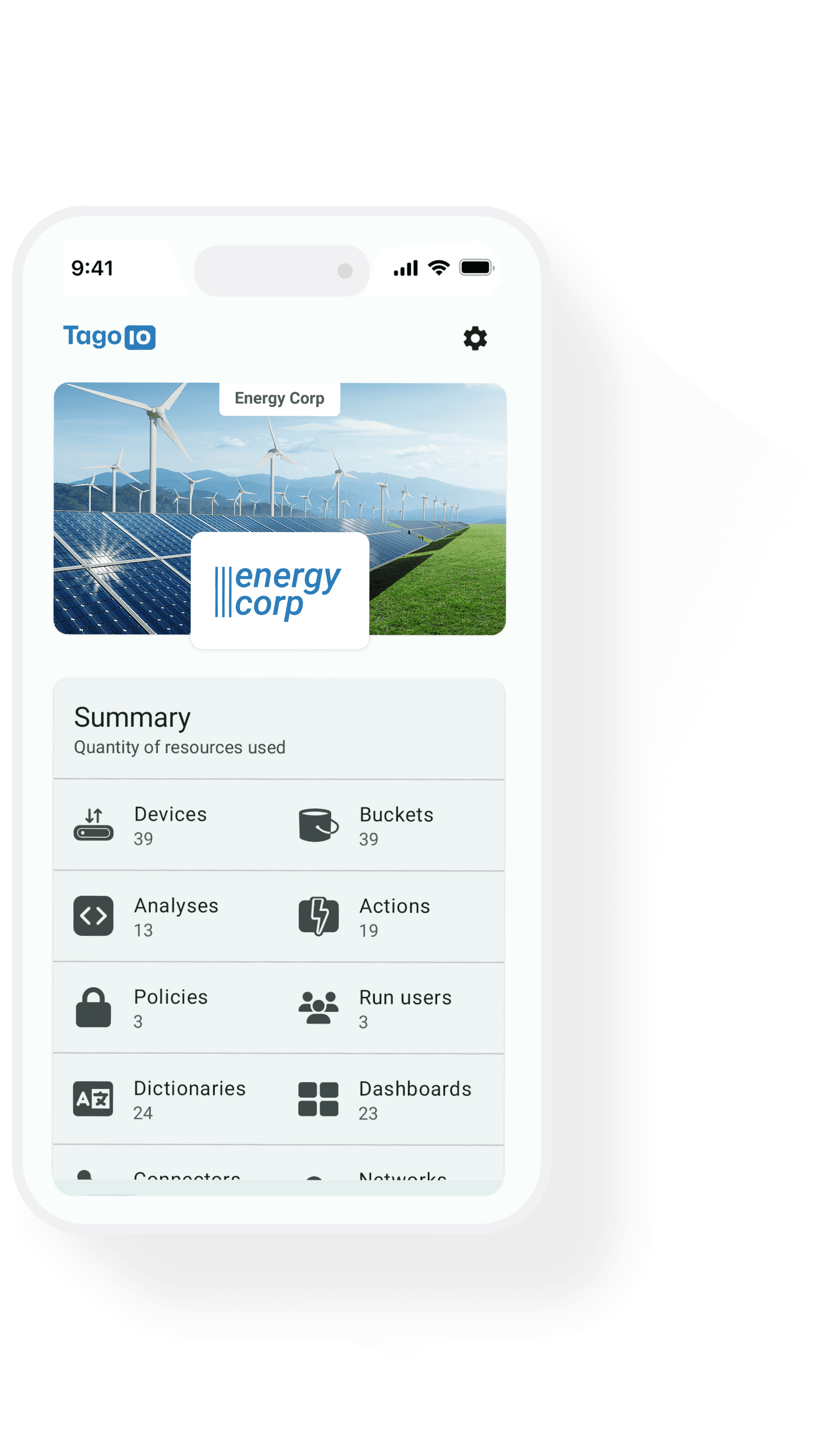 TagoIO mobile app showing Energy Corp dashboard